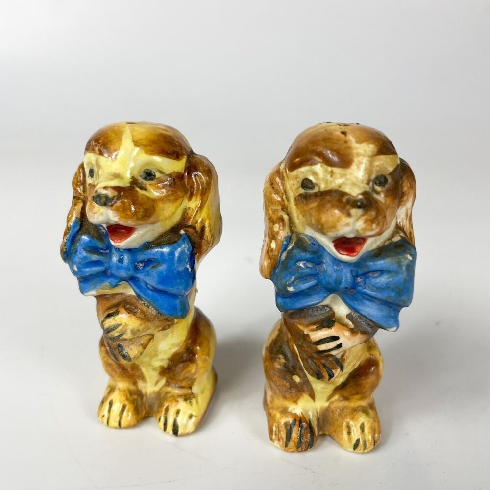 Vintage Ceramic Dog Spaniel Salt & Pepper Shakers  Blue Bows Japan 1950s